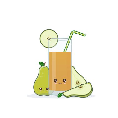 Sevimli kawai gülümseyen karikatür armut suyu. Vektör