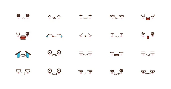 Kawaii visages mignons sourire émoticônes. Émoji japonais — Image vectorielle