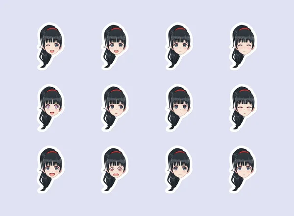 Conjunto de adesivos emocionais cabeça anime mangá menina —  Vetores de Stock