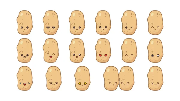 Pommes de terre mignonne kawaii mascotte. Set visages de nourriture kawaii — Image vectorielle