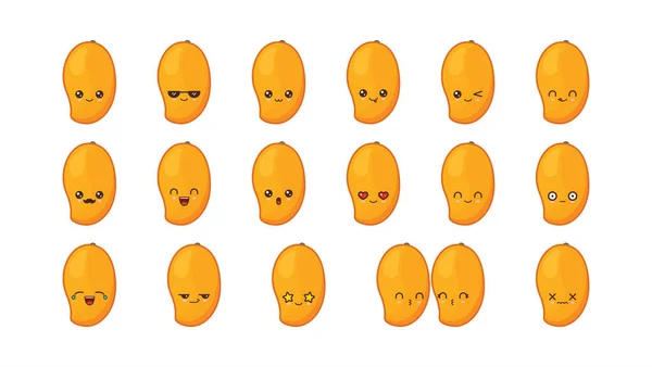 Mascotte de mangue kawaii mignon. Set visages de nourriture kawaii — Image vectorielle