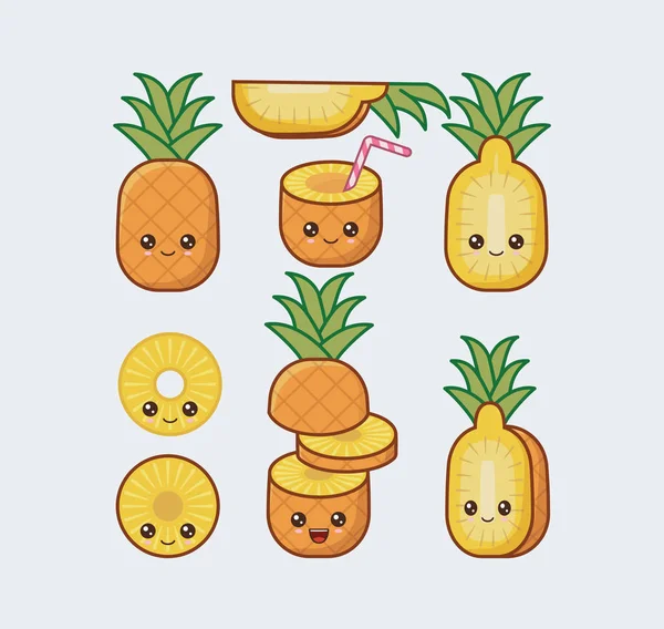 Ensemble d'ananas dessinés visages de nourriture kawaii mignon — Image vectorielle