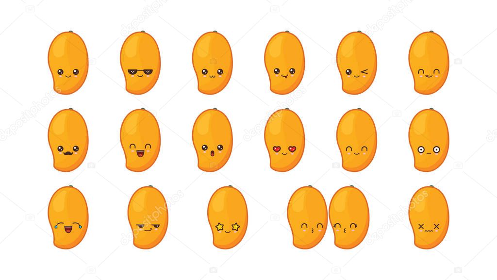 Mango cute kawaii mascot. Set kawaii food faces