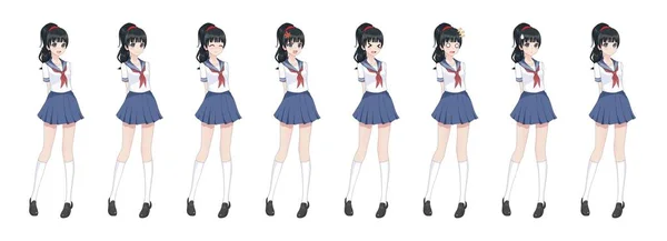 Anime manga skolflicka i sjömanskostym, blå kjol — Stock vektor