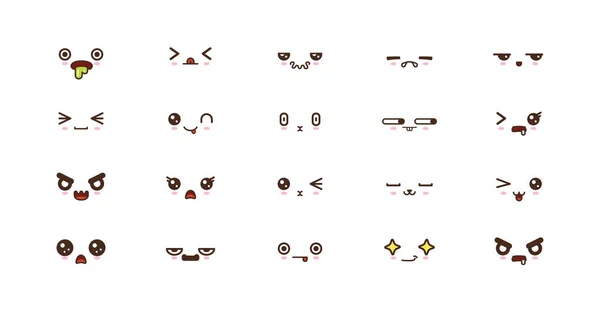 Kawaii visages mignons sourire émoticônes. Émoji japonais — Image vectorielle