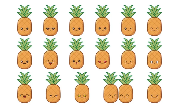 Mascotte d'ananas mignon kawaii. Visages de nourriture Kawaii — Image vectorielle