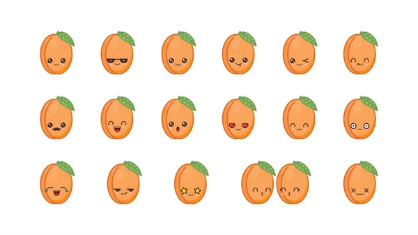 Mascotte de kawaii mignon abricot. Set visages de nourriture kawaii — Image vectorielle
