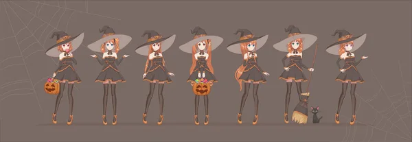 Halloween Anime mangá bruxa negra em várias poses —  Vetores de Stock