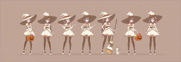 Halloween anime manga vit häxa i olika poser — Stock vektor