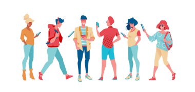 Moda ve iş adamlarından oluşan bir grup ellerinde telefonla duruyorlar. Düz vektör çizimi. İzole bir arka planda moda insanları.