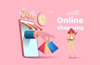 Telefondaki büyük el, içinde alımlar olan paketleri tutuyor. Yakınlarda telefon ile kopek parçası var ve internetten alışveriş yapıyor. Kolay ödeme ve mal teslimi kavramı. Çevrimiçi alışveriş mecazı