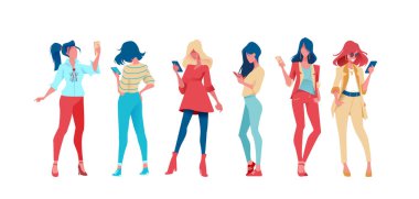 Moda ve iş adamlarından oluşan bir grup ellerinde telefonla duruyorlar. Düz vektör çizimi. İzole bir arka planda moda insanları.