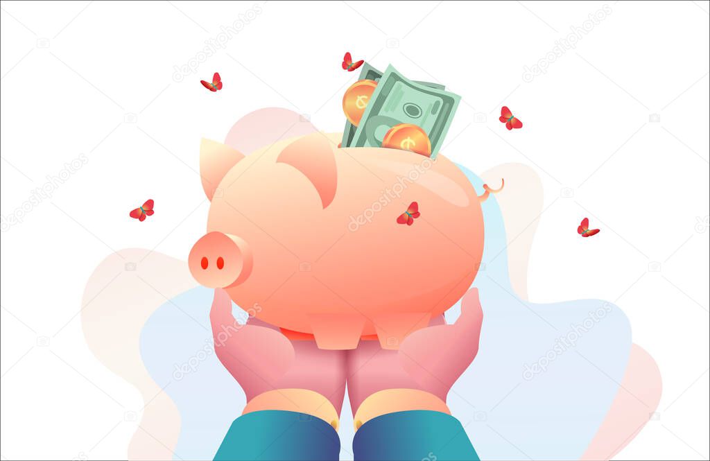 Big hands of CEO of head are holding piggy bank with money. Metaphor of investment, capital accumulation. Concept of savings money retirement under protection of leader. Perks benefits for personnel