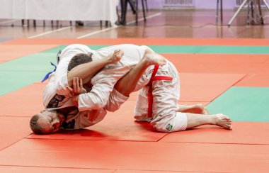 Rusya, Vladivostok, 11/03/2018. Jiu-Jitsu güreş rekabet erkekler arasında. Dövüş sanatları ve dövüş sporları turnuva.