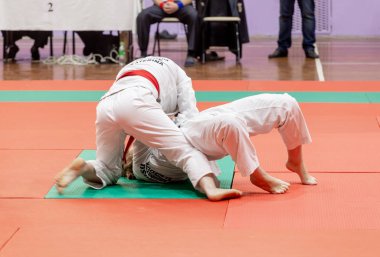 Rusya, Vladivostok, 11/03/2018. Jiu-Jitsu güreş rekabet erkekler arasında. Dövüş sanatları ve dövüş sporları turnuva.