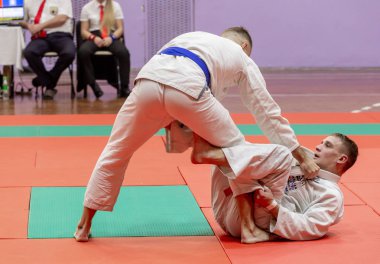 Rusya, Vladivostok, 11/03/2018. Jiu-Jitsu güreş rekabet erkekler arasında. Dövüş sanatları ve dövüş sporları turnuva.