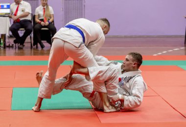 Rusya, Vladivostok, 11/03/2018. Jiu-Jitsu güreş rekabet erkekler arasında. Dövüş sanatları ve dövüş sporları turnuva.