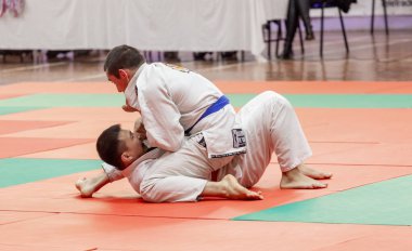 Rusya, Vladivostok, 11/03/2018. Jiu-Jitsu güreş rekabet erkekler arasında. Dövüş sanatları ve dövüş sporları turnuva.