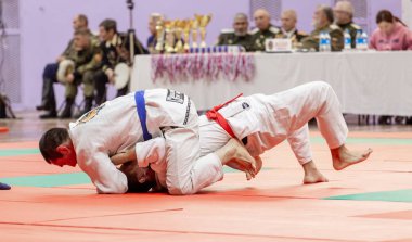 Rusya, Vladivostok, 11/03/2018. Jiu-Jitsu güreş rekabet erkekler arasında. Dövüş sanatları ve dövüş sporları turnuva.
