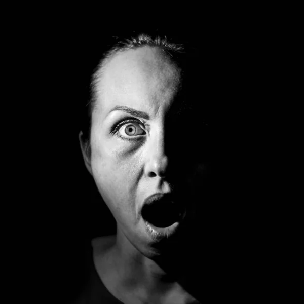 Portrait Scared Surprised Caucasian Woman Scary Fear Concept Black White — Stock Photo, Image