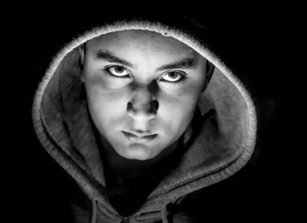 Stylish Portrait Handsome Caucasian Young Boy Hood Black White Shot Stock Picture