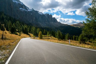 Ağaçlar, orman ve dağlar arka planlar ile güzel dağ yolu. Devlet karayolu yolu Passo Gardena, Sella dağ grup Dolomites dağ İtalya alınan.