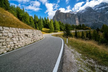 Ağaçlar, orman ve dağlar arka planlar ile güzel dağ yolu. Devlet karayolu yolu Passo Gardena, Sella dağ grup Dolomites dağ İtalya alınan.