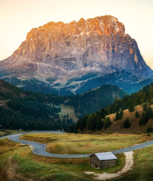 Dolomiten Italien Panorama Landschaft Sonnenaufgang Auf Der Langkofelgruppe Dem Grödnerpass — Stockfoto