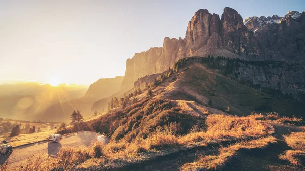 Dolomiten Italienische Landschaft Grödnerpass Mit Majestätischer Sellagruppe Den Nordwestlichen Dolomiten — Stockfoto