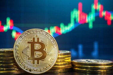 Bitcoin ve cryptocurrency sistem kavramı - fiziksel görüntü şifreleme bitcoin kazık gibi arka plan bulanıklık piyasa fiyatı grafik karşı ticaret.