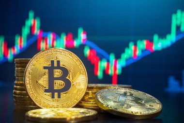 Bitcoin ve cryptocurrency sistem kavramı - fiziksel görüntü şifreleme bitcoin kazık gibi arka plan bulanıklık piyasa fiyatı grafik karşı ticaret.