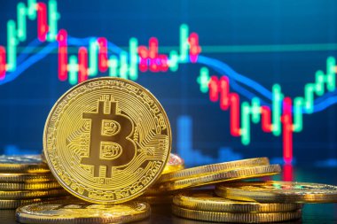 Bitcoin ve cryptocurrency sistem kavramı - fiziksel görüntü şifreleme bitcoin kazık gibi arka plan bulanıklık piyasa fiyatı grafik karşı ticaret.