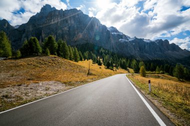 Ağaçlar, orman ve dağlar arka planlar ile güzel dağ yolu. Devlet karayolu yolu Passo Gardena, Sella dağ grup Dolomites dağ İtalya alınan.