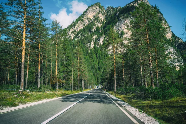 美丽的山路与树木 森林和山脉的背景 在意大利白云岩山州公路公路上拍摄 — 图库照片