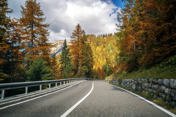 美丽的山路与树木 森林和山脉的背景 在意大利白云岩山州公路公路上拍摄 — 图库照片