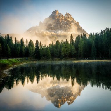 Majestic landscape of Antorno lake with famous Dolomites mountain peak of Tre Cime di Lavaredo in background in Eastern Dolomites, Italy Europe. Beautiful nature scenery and scenic travel destination. clipart