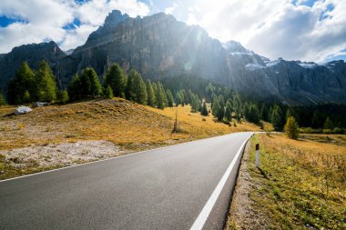 Ağaçlar, orman ve dağlar arka planlar ile güzel dağ yolu. Devlet karayolu yolu Passo Gardena, Sella dağ grup Dolomites dağ İtalya alınan.