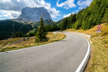 Ağaçlar, orman ve dağlar arka planlar ile güzel dağ yolu. Devlet karayolu yolu Passo Gardena, İtalya Dolomites dağ Langkofel dağ grup alınan.