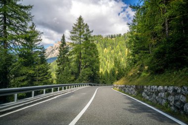 Ağaçlar, orman ve dağlar arka planlar ile güzel dağ yolu. Devlet karayolu yolu Dolomites Dağı İtalya'nın alınan.