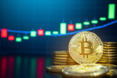Bitcoin ve cryptocurrency sistem kavramı - fiziksel görüntü şifreleme bitcoin kazık gibi arka plan bulanıklık piyasa fiyatı grafik karşı ticaret.