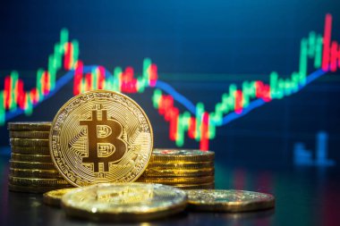 Bitcoin ve cryptocurrency sistem kavramı - fiziksel görüntü şifreleme bitcoin kazık gibi arka plan bulanıklık piyasa fiyatı grafik karşı ticaret.