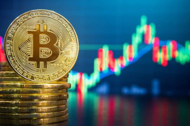 Bitcoin ve cryptocurrency sistem kavramı - fiziksel görüntü şifreleme bitcoin kazık gibi arka plan bulanıklık piyasa fiyatı grafik karşı ticaret.