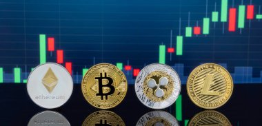 Bitcoin ve kavram - yatırım cryptocurrency fiziksel metal Bitcoin paralar ile küresel ticaret Döviz piyasa fiyatı grafiği içinde belgili tanımlık geçmiş.