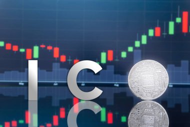 (ICO) sunan ilk madeni para ve dijital belirteci kavramı - yatırım fiziksel metal dijital paralar ile arka planda mavi küresel ticaret Döviz piyasa fiyatı grafiği.