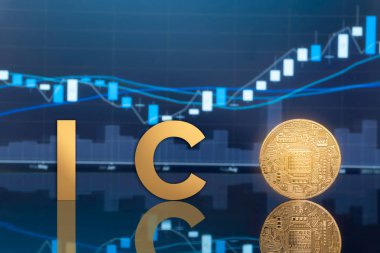 Initial coin offering (ICO) and digital token investing concept - Physical metal digital coins with blue global trading exchange market price chart in the background. clipart