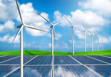 Solar panel and wind turbines farm on a green grass rolling hills against blue sky and white clouds in summer. Concept of renewable clean energy and sustainability business development. clipart