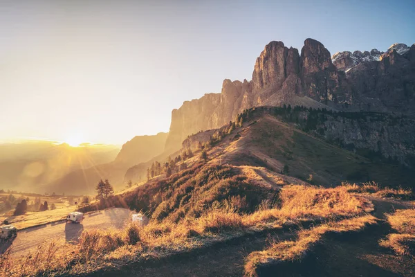Dolomiten Italienische Landschaft Grödnerpass Mit Majestätischer Sellagruppe Den Nordwestlichen Dolomiten — Stockfoto