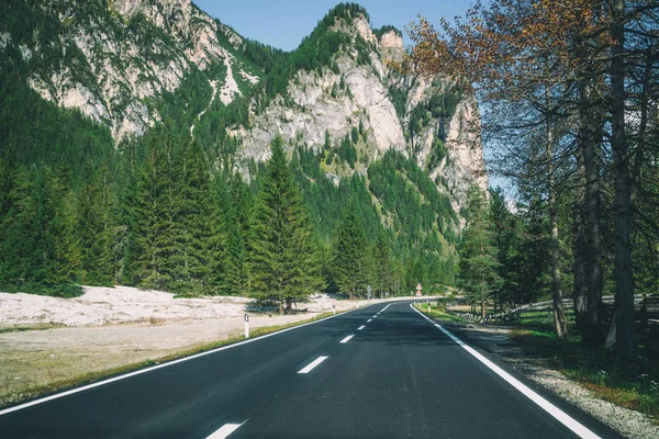 美丽的山路与树木 森林和山脉的背景 在意大利白云岩山州公路公路上拍摄 — 图库照片
