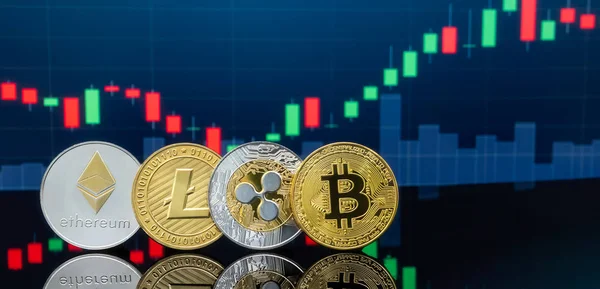 Bitcoin Cryptocurrency Fogalom Befektetés Globális Kereskedelmi Exchange Piaci Chart Háttérben — Stock Fotó