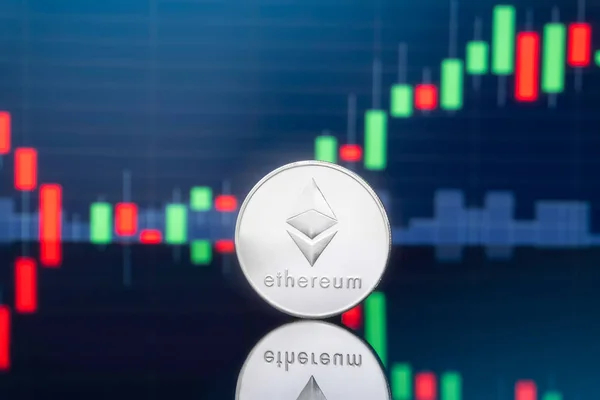 Ethereum (ETH) and cryptocurrency investing concept - Physical metal ethereum coins with global trading exchange market price chart in the background.
